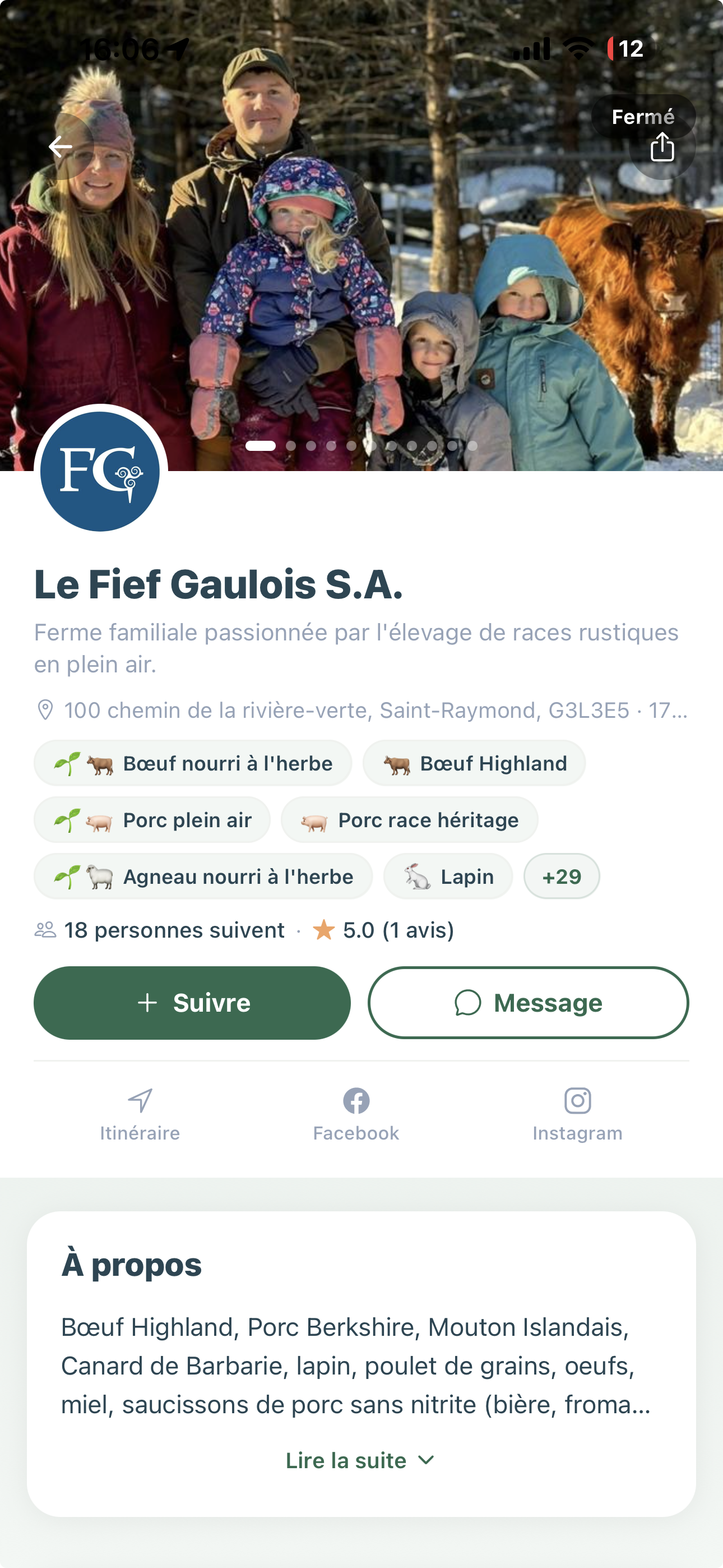 Application Origa — page d'une ferme québécoise